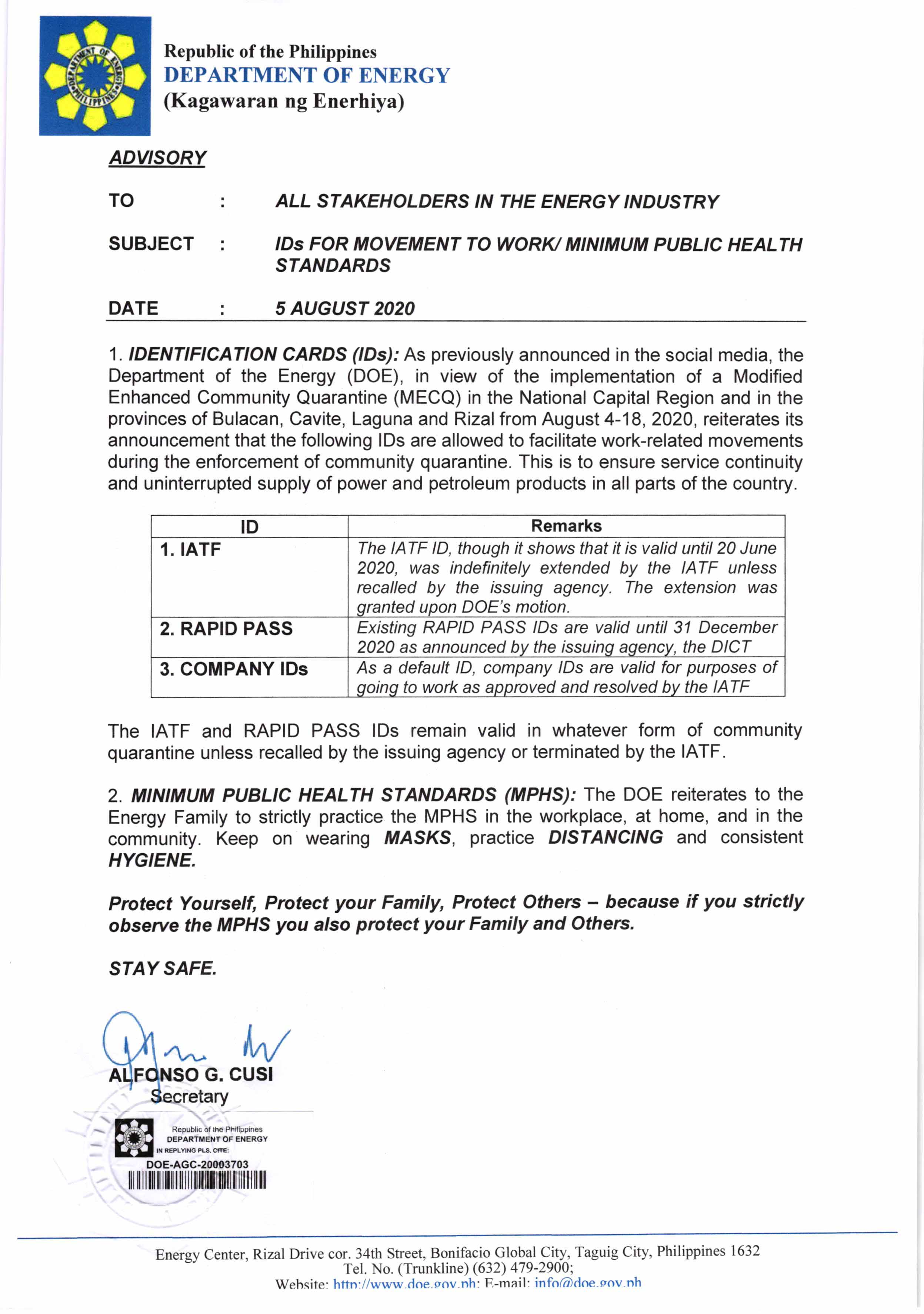 READ:  Following the reimposition of a Modified Enhanced Community Quarantine in the National Capital Region from 4 to 18 August 2020, the Department of Energy reminds its stakeholders on the use of valid identification cards to facilitate work-related movement, as well as the stringent observance of minimum public health standards at all times.  ###