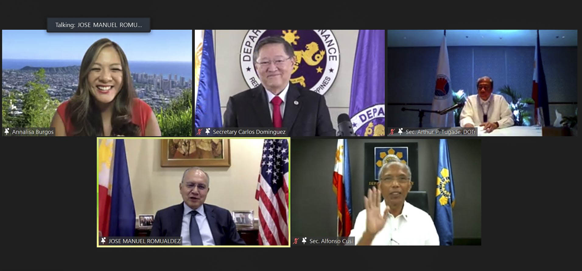 PH-US, 75 YEARS AND COUNTING: In photo (bottom left, counterclockwise) are Philippine Energy Secretary Alfonso G. Cusi; Philippine Ambassador to the United States of America Jose Manuel G. Romualdez;  virtual event host, news anchor Ms. Annalisa Burgos; Philippine Finance Secretary Carlos G. Dominguez; and Philippine Transportation Secretary Arthur P. Tugade, sharing a light moment during the virtual economic briefing organized by the Philippine Embassy in Washington D.C. as part of celebrations marking 75 