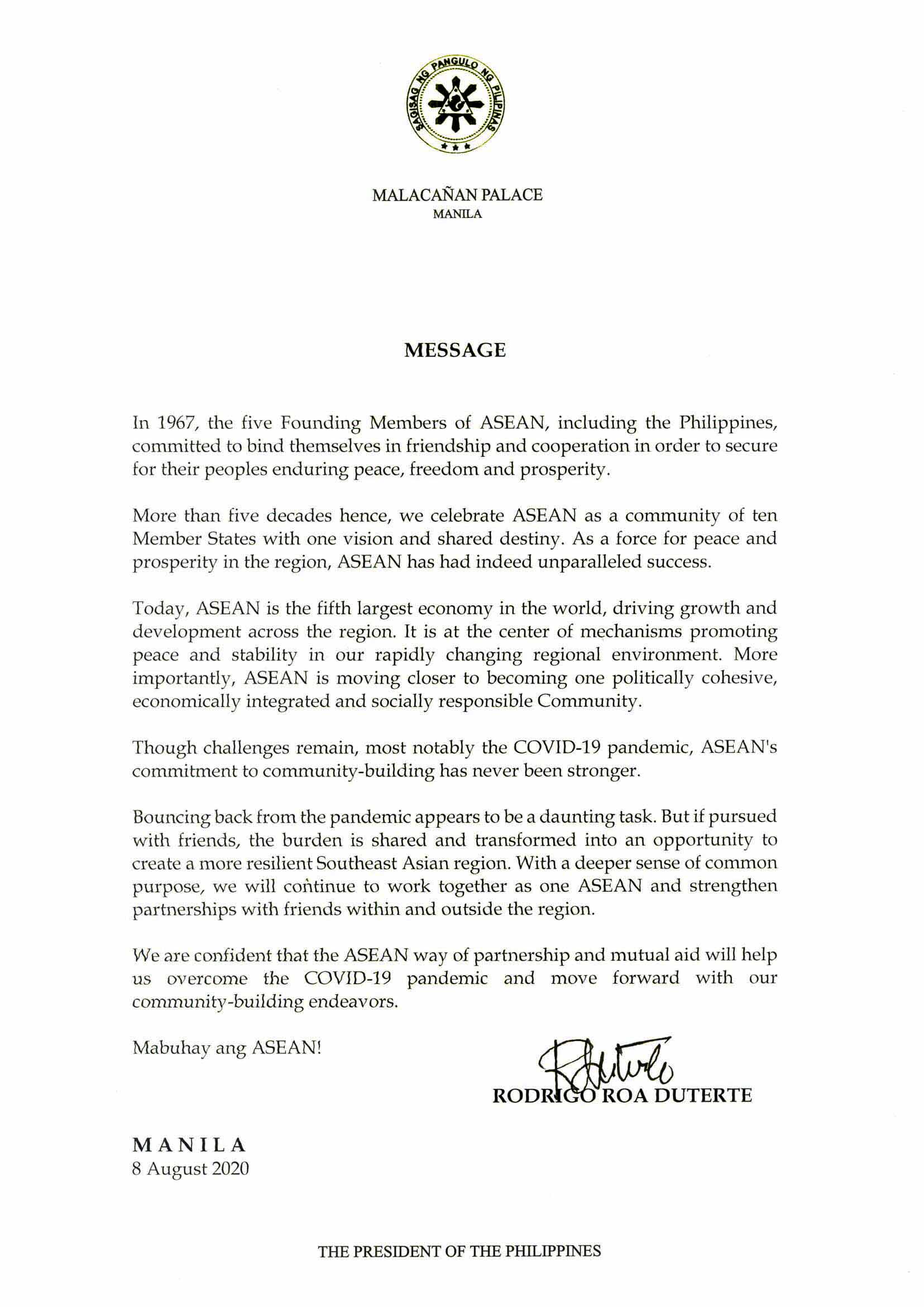 President Rodrigo Roa Duterte’s message on the 53rd Founding Anniversary of the Association of Southeast Asian Nations (ASEAN)