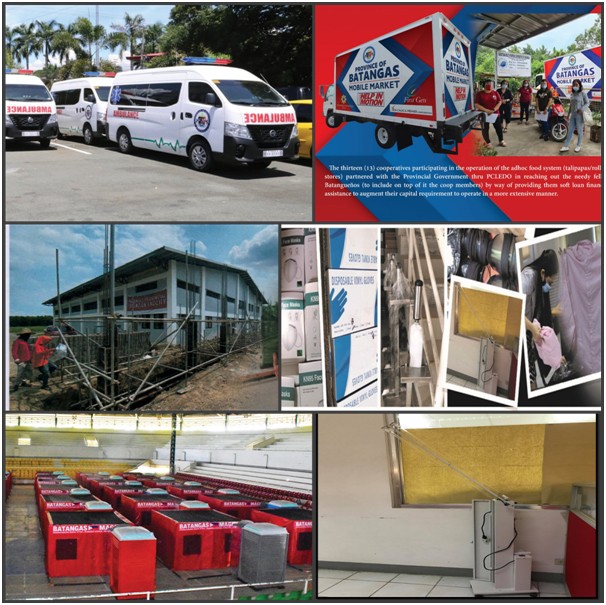 PHOTO CAPTION  ER 1-94 HELPS FIGHT COVID-19: In photos (L-R) are transport vehicles (fully-equipped ambulance), mobile markets; the Batangas Inmates Quarantine Center; personal protective equipment, medical/disinfecting supplies, common medicines and vitamins; a Holding and Distribution Centre; and UV lights, which were among the items procured and places enhanced in the fight against COVID-19 using ER 1-94 funding. ###