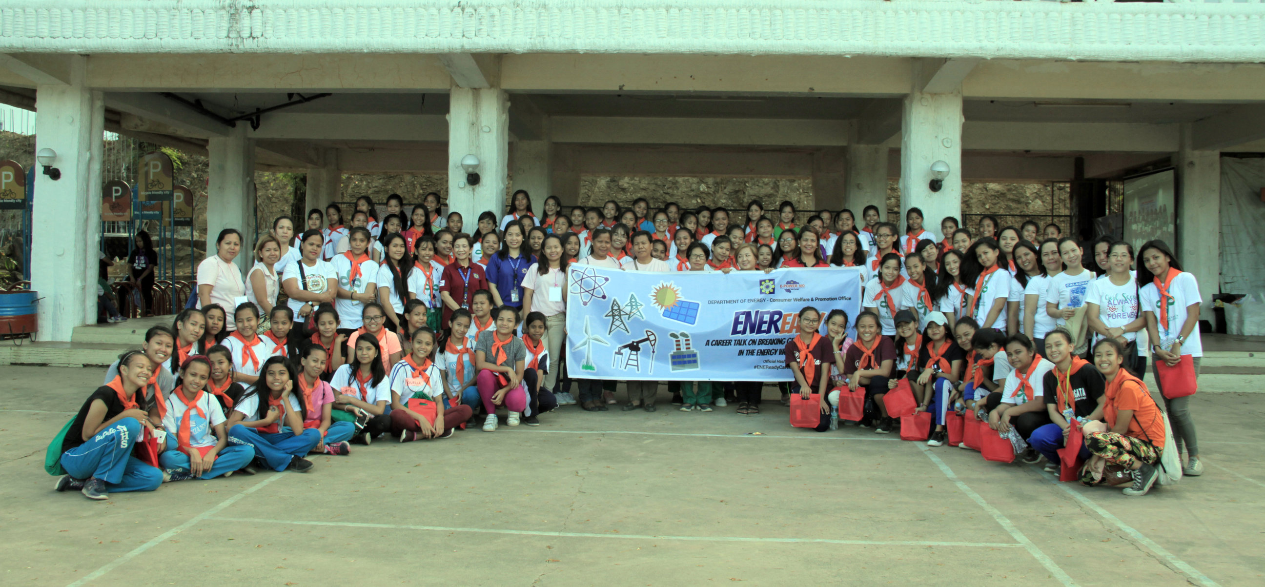 DOE-CWPO staff and GSP Rizal Council Camp teachers with one of the sub-camps of Girl Scouts that attended the ENEReady: A Career Talk on Breaking Gender Stereotypes in the Energy Workforce during the council’s annual camp activity on March 2 in Marikina City.