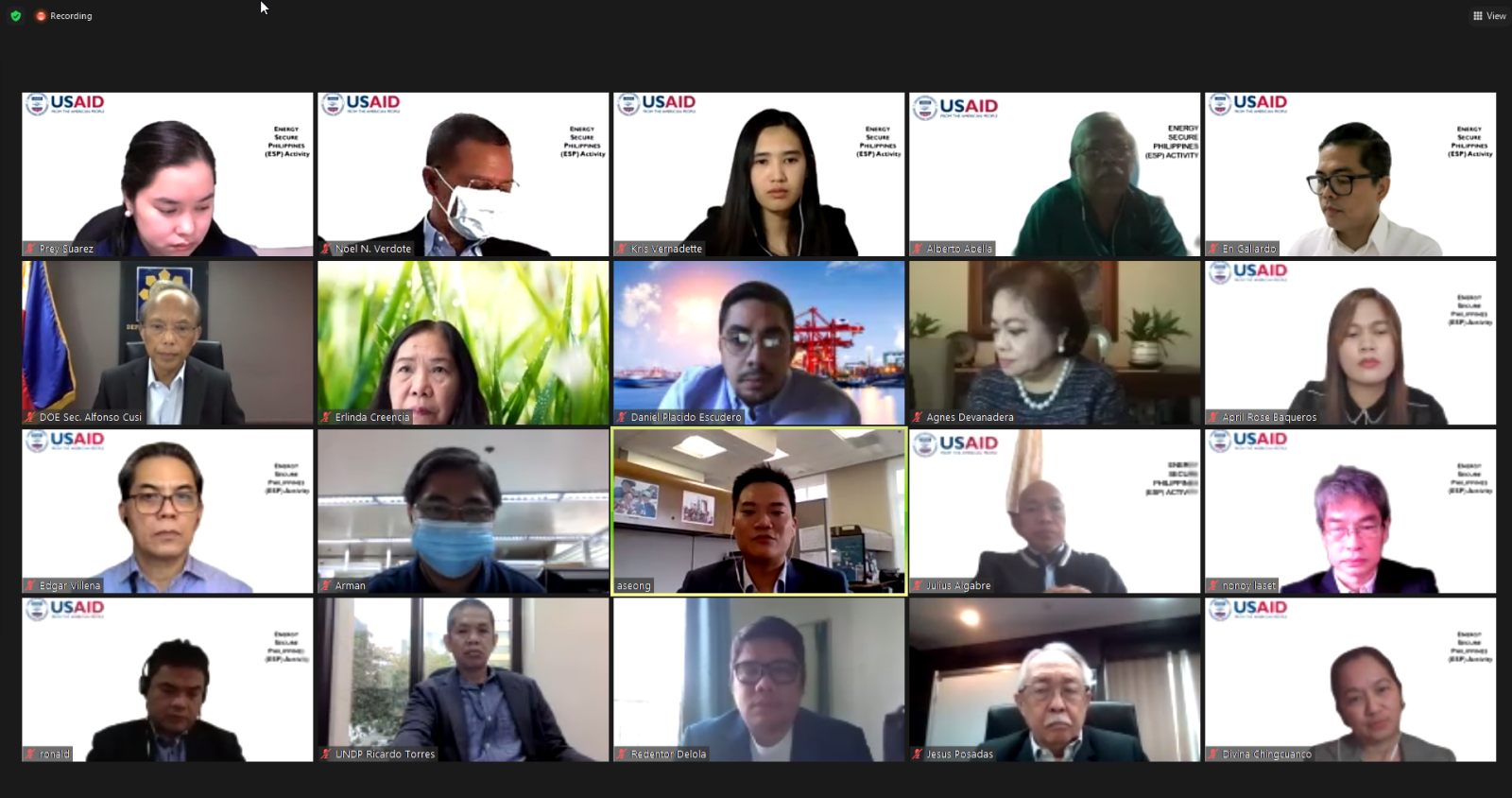 PARTNERS FOR AN ENERGY SECURE PHILIPPINES: Energy Secretary Alfonso G. Cusi (third on third row from the top of the grid) led the energy family in earlier's virtual Energy Secure Philippines Activity Workshop hosted by the United States Agency for International Development.  ### 